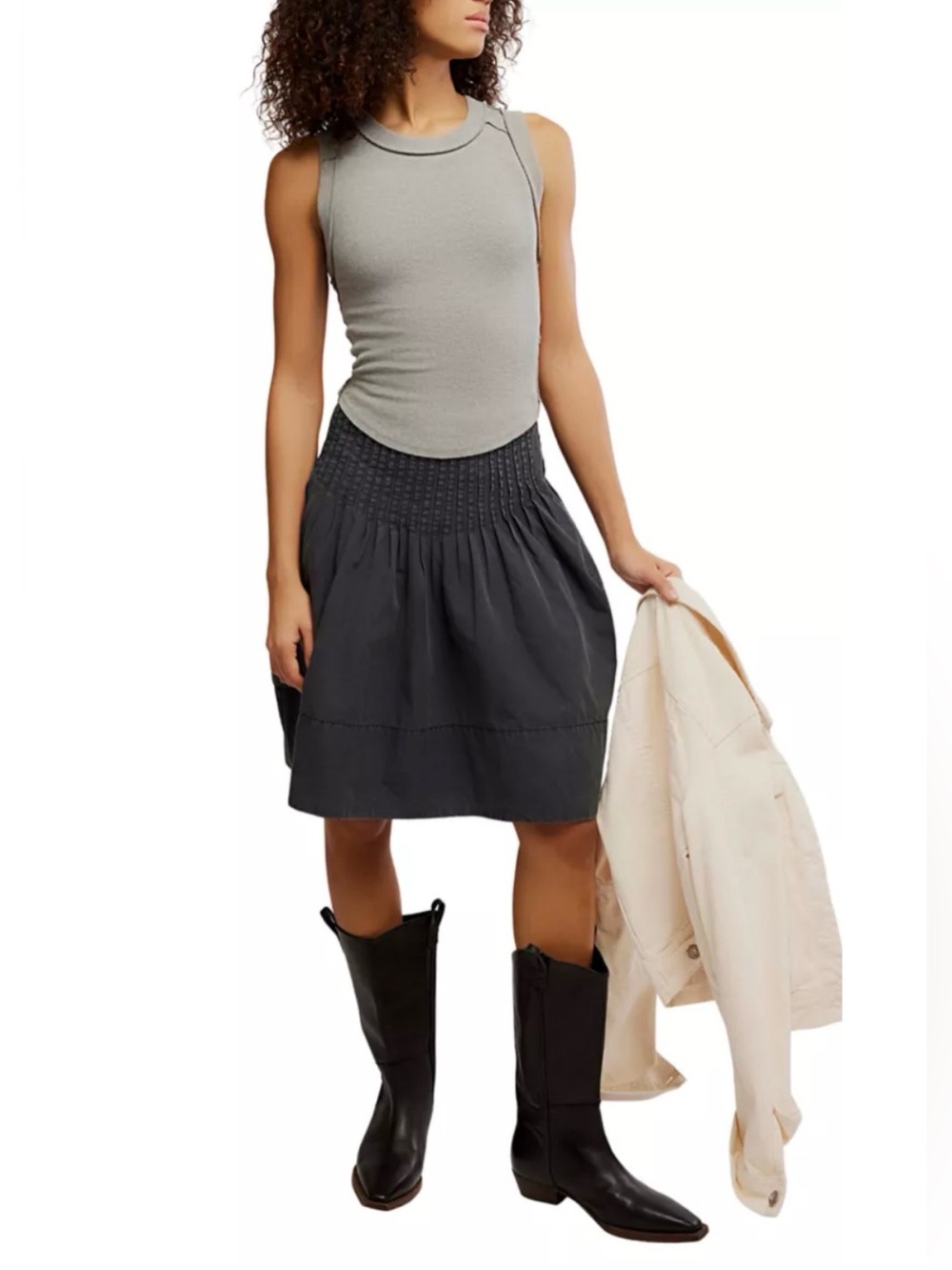 NWT Free People Peyton Pintuck Midi Skirt in Washed Black